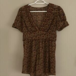 Halogen Brown geometric medallion Print Babydoll Top Small